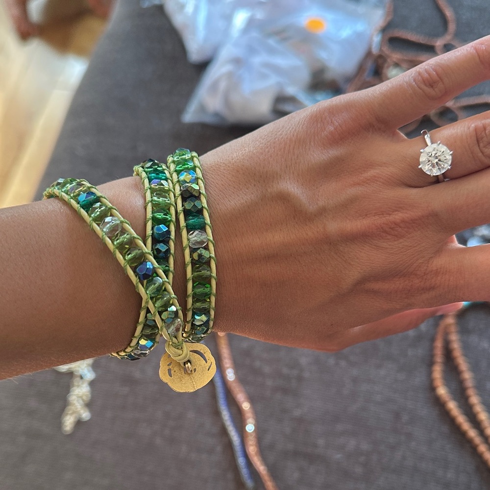 Green Beaded Wrap Bracelet - Gold Accent